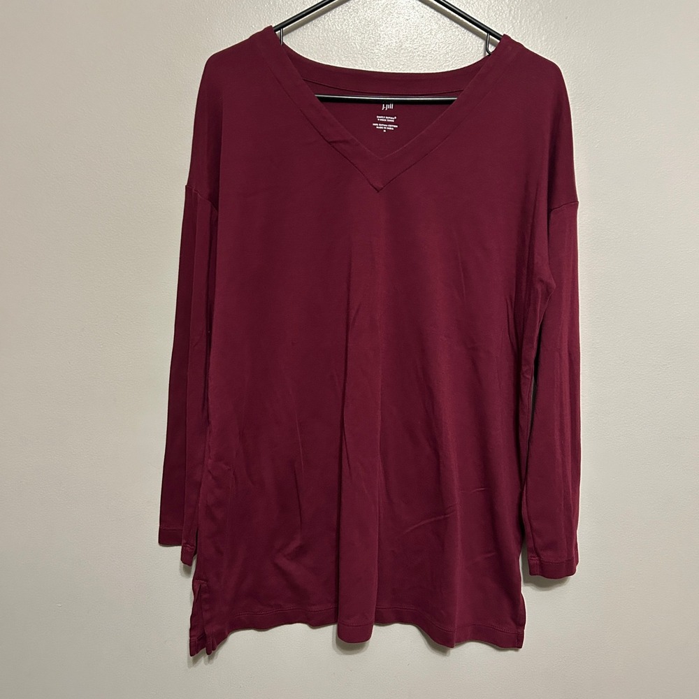 J. Jill Simply Supima V-Neck Tunic Womens M Burgundy Long Sleeve Minimalist Fall